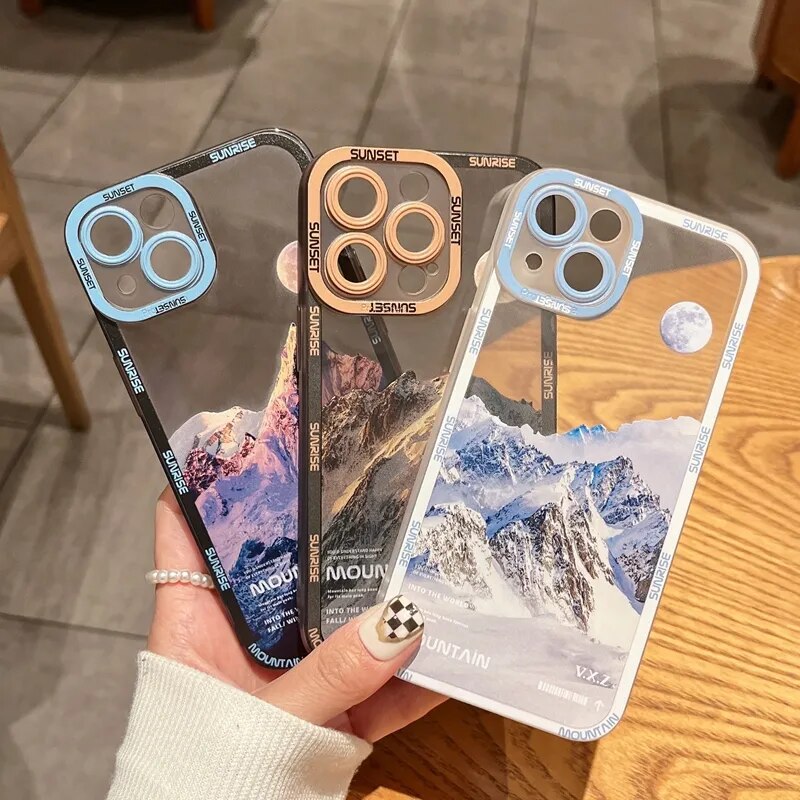 INS Sunset Moon Snow Mountain Phone Case For iPhone 14 13 12 11 Pro Max XS Max XR X 11 Camera Protection Soft Cover For iPhone