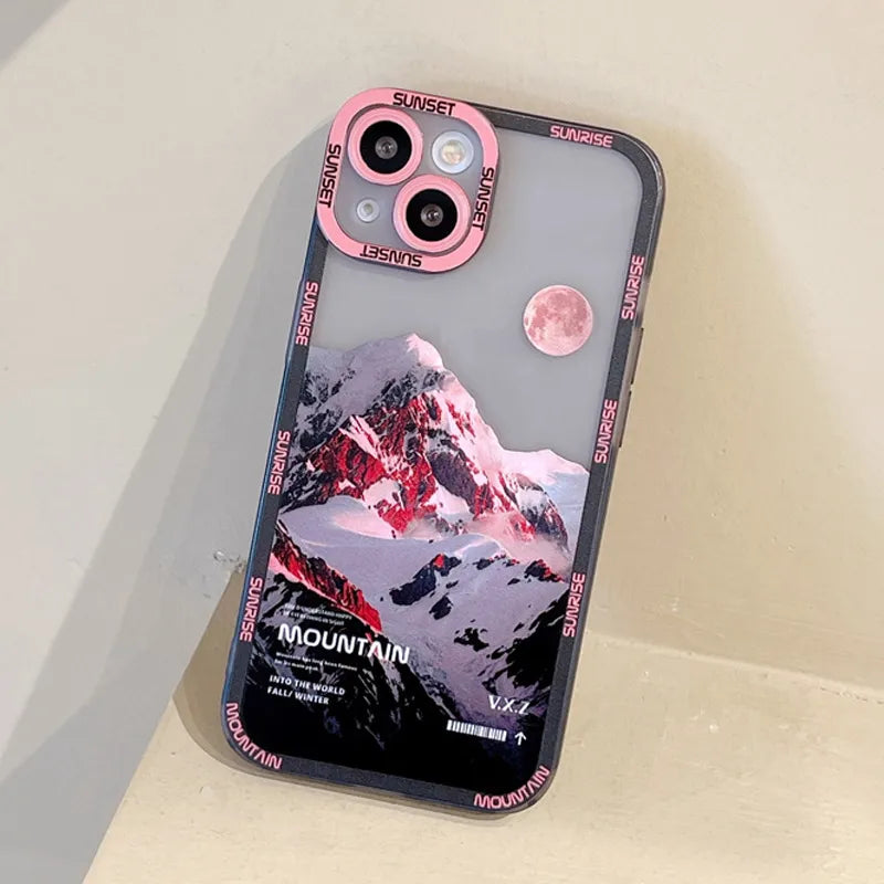 INS Sunset Moon Snow Mountain Phone Case For iPhone 14 13 12 11 Pro Max XS Max XR X 11 Camera Protection Soft Cover For iPhone