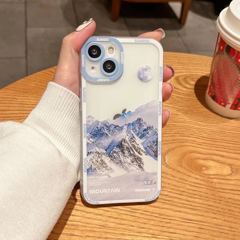 INS Sunset Moon Snow Mountain Phone Case For iPhone 14 13 12 11 Pro Max XS Max XR X 11 Camera Protection Soft Cover For iPhone