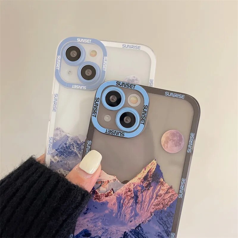 INS Sunset Moon Snow Mountain Phone Case For iPhone 14 13 12 11 Pro Max XS Max XR X 11 Camera Protection Soft Cover For iPhone