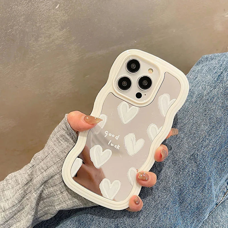 Korean Lovely White Heart Makeup Mirror Iphone Case