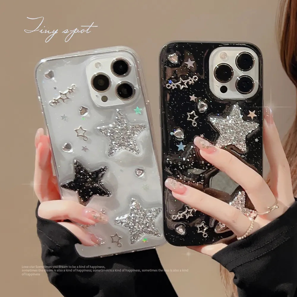 Black 3D Sparkling Pink Star Iphone Case