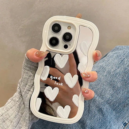 Korean Lovely White Heart Makeup Mirror Iphone Case