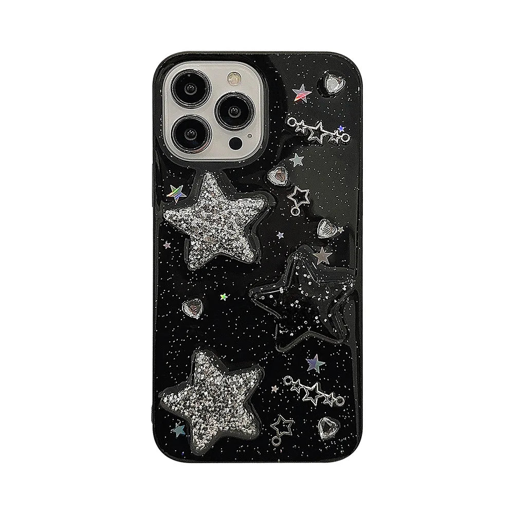 Black 3D Sparkling Pink Star Iphone Case