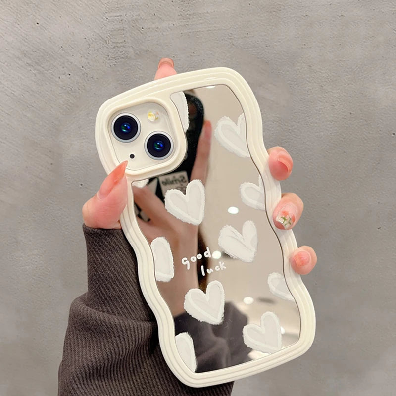 Korean Lovely White Heart Makeup Mirror Iphone Case