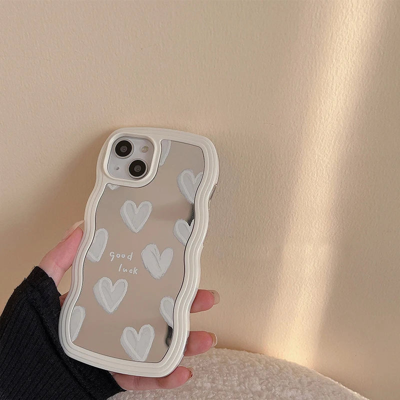 Korean Lovely White Heart Makeup Mirror Iphone Case