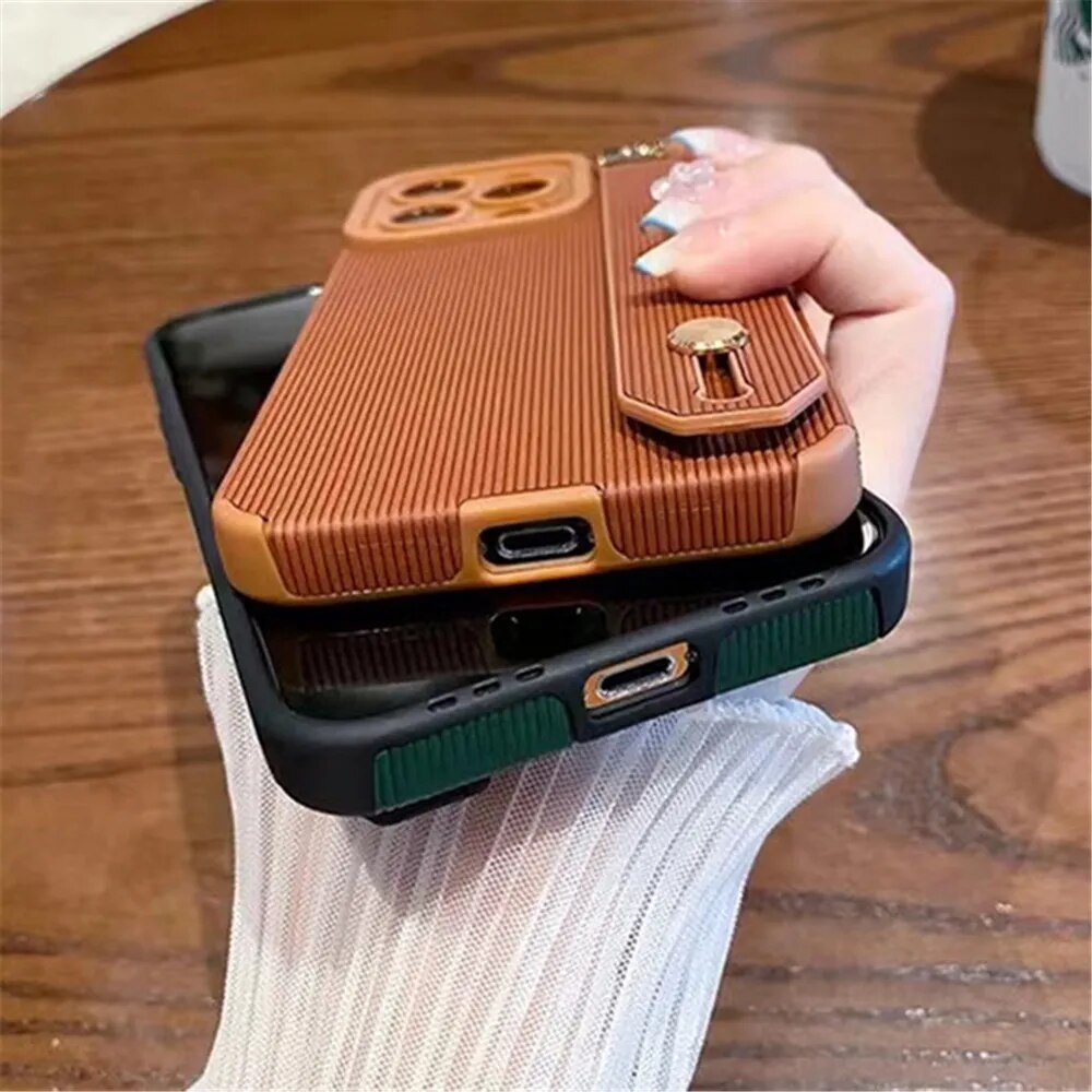 Stripe Beige Leather Texture Wrist Strap Holder Iphone Case