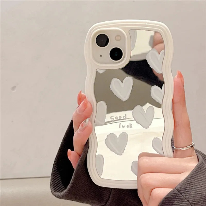 Korean Lovely White Heart Makeup Mirror Iphone Case