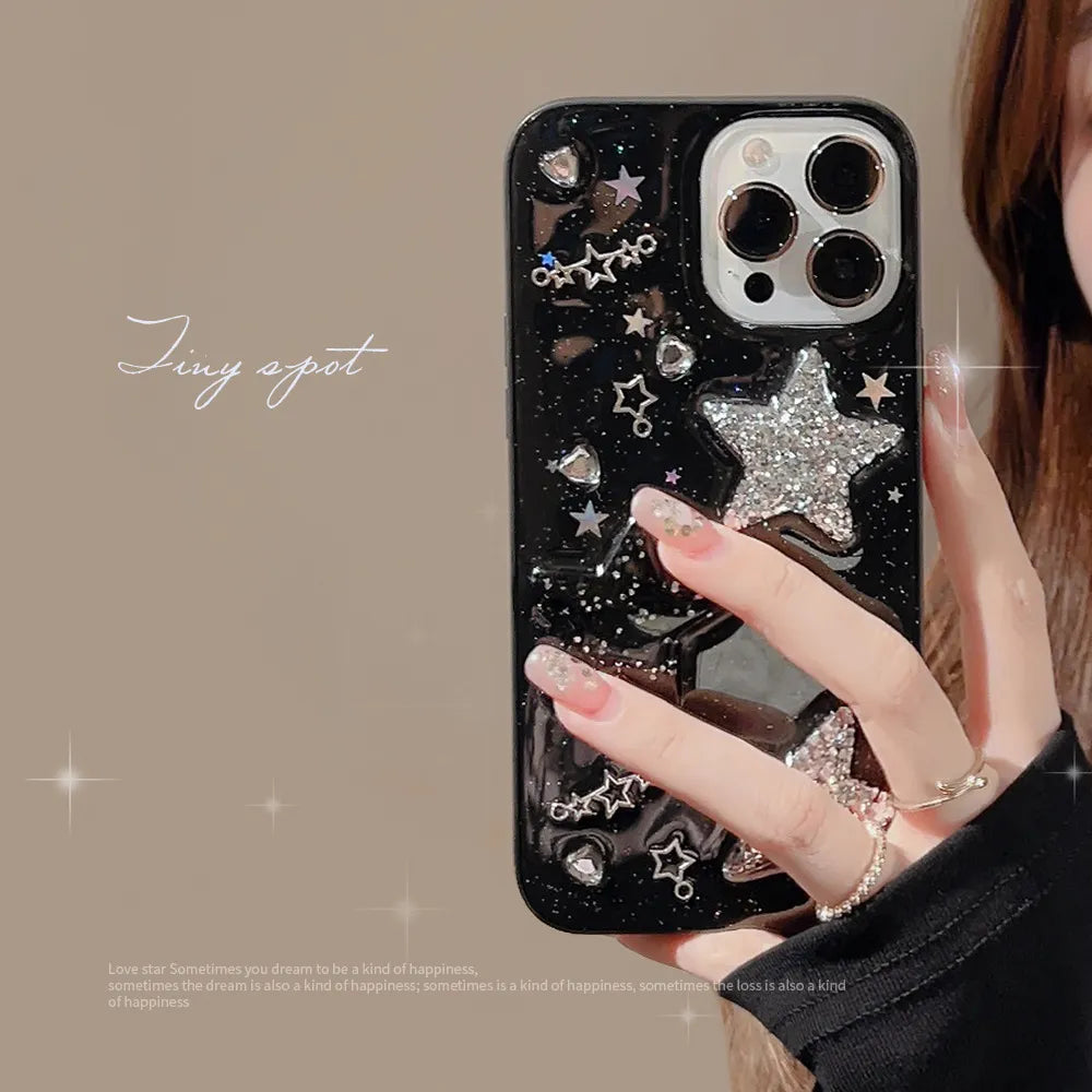 Black 3D Sparkling Pink Star Iphone Case